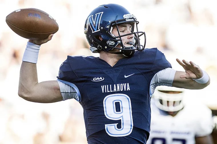 Villanova quarterback Jack Schetelich (9) looks for an open receiver during the first half of an NCAA football game against James Madison in Harrisonburg, Va., Saturday, October 14, 2017.