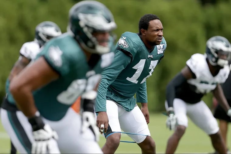 Eagles' Alshon Jeffery warms up during the Philadelphia Eagles practice in Philadelphia, PA on September 12, 2018. The team is preparing for the Tampa Bay Buccaneers on Sunday. DAVID MAIALETTI / Staff Photographer