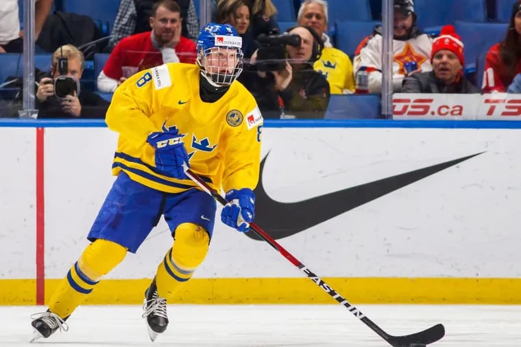 Defenseman Rasmus Dahlin, shown in the IIHF world junior hockey championships game, is expected to be drafted No. 1 overall next month.  Dahlin could become the second Swedish-born player to be taken first after the Quebec Nordiques chose Mats Sundin with the No. 1 pick in 1989.