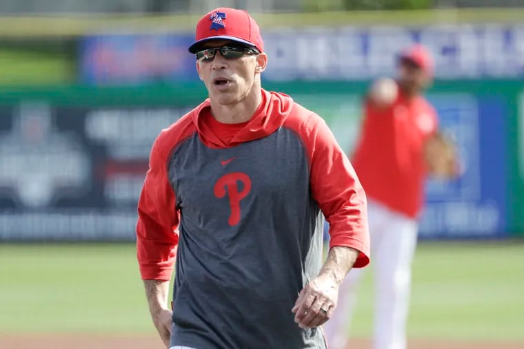 Phillies manager Joe Girardi during pregame warm-ups before the Phillies played the Baltimore Orioles in a spring training game at Spectrum Field in Clearwater, Fla., on Monday.