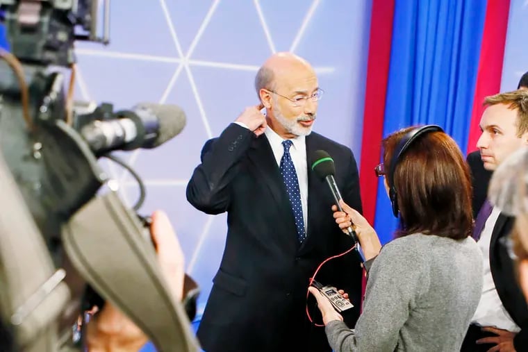 Democratic candidate for governor of Pennsylvania Tom Wolf answers questions after a debate with Republican Governor Tom Corbett at the WTAE-TV studio in Wilkinsburg, Pa. on Wednesday, Oct. 8, 2014. (AP Photo/Keith Srakocic)