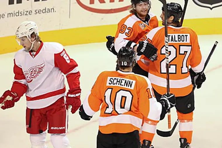 Jakub Voracek (93) and Max Talbot (27) both scored for the Flyers against the Red Wings. (Steven M. Falk/Staff Photographer)