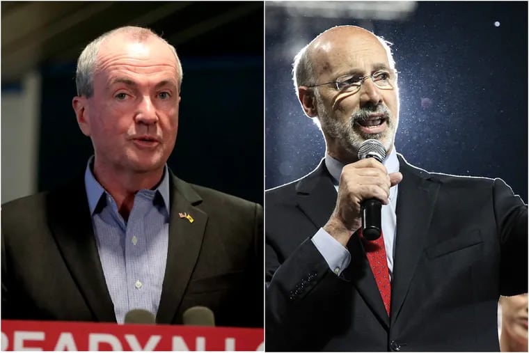 New Jersey Gov. Phil Murphy, left, and Pennsylvania Gov. Tom Wolf have called for changes to their states’ electoral systems. As other states have expanded voting access, N.J. and Pa. have fallen behind, despite some progress.