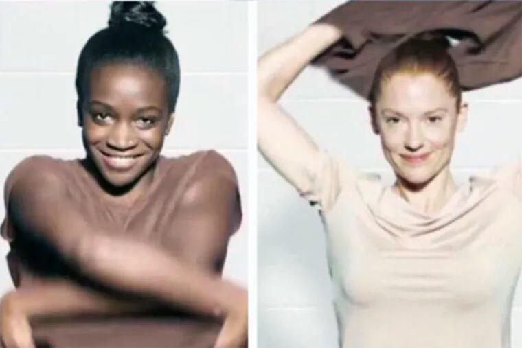 In a Dove ad, a dark-skinned woman reaches down and lifts up her shirt (and apparently the rest of her skin/costume) to reveal a smiling white woman.
