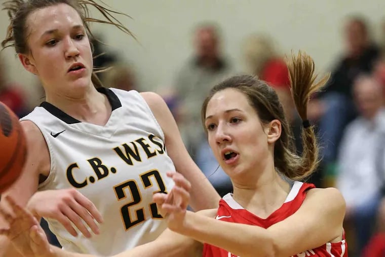 Central Bucks West's Maddie Burke (left) guards Souderton's Kate Connolly in 2017. Burke is headed to Penn State on a basketball scholarship.