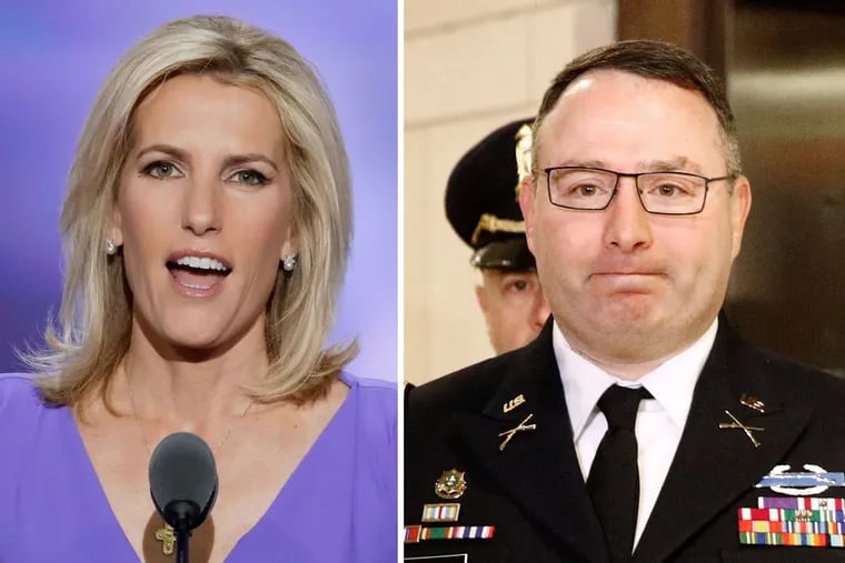Fox News host Laura Ingraham (left) was among the TV hosts and pundits who questioned the loyalty of Lt. Col. Alexander Vindman, a member of the White House National Security Council. because he was born in Ukraine.
