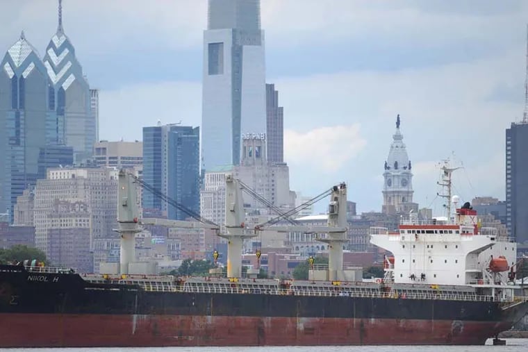 The Greek owned cargo ship, Nikol H, photographed in the Delaware River where it has been anchored since it discharged cocoa beans in April.  ( CLEM MURRAY / Staff Photographer )