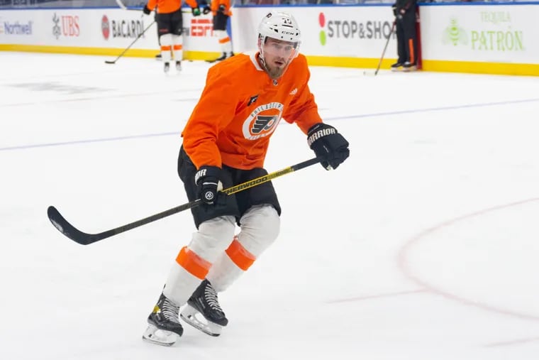 Rasmus Ristolainen skates on the third pairing at Flyers morning skate ahead of their game against the New York Islanders on Monday, Jan. 17, 2022.