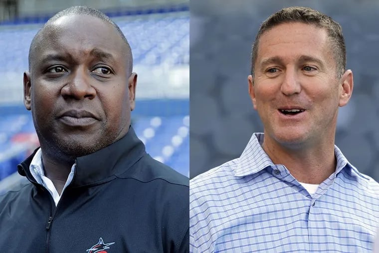 Michael Hill, left, remains a candidate for the Phillies' GM position, while Josh Byrnes, right, has bowed out.