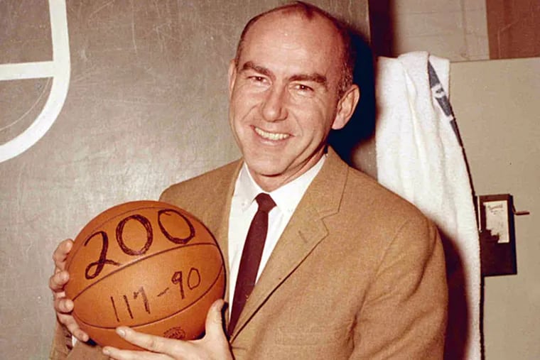 This undated photo provided by Saint Joseph's University shows the school's basketball coach Jack Ramsay when his team won his 200th career game. Ramsay, a Hall of Fame coach who led the Portland Trail Blazers to the 1977 NBA championship before he became one of the league's most respected broadcasters, has died following a long battle with cancer. He was 89. (AP Photo/Saint Joseph's University)