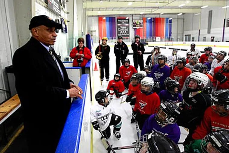 Willie O'Ree became the NHL's first black player on Jan. 18, 1958. He is shown addressing youth hockey players in the region in 2018. (David Swanson/Staff Photographer)