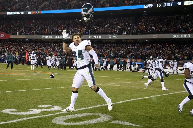 Eagles cornerback Cre'Von LeBlanc (34) celebrates after the Chicago Bears missed a field goal in the final seconds of a first-round playoff game at Soldier Field in Chicago on Sunday, Jan. 6, 2019. The Eagles won 16-15.