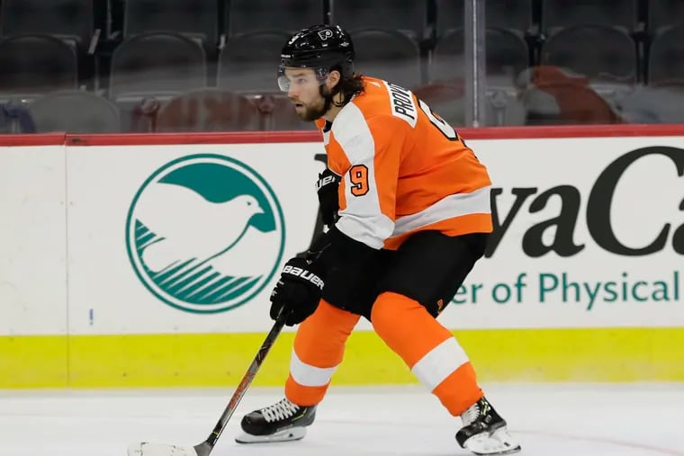 Flyers defenseman Ivan Provorov skates with the puck during Sunday's intra-squad scrimmage.