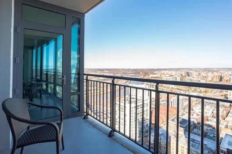 The private balcony of a 34th-floor condo in the Murano building in Center City Philadelphia.