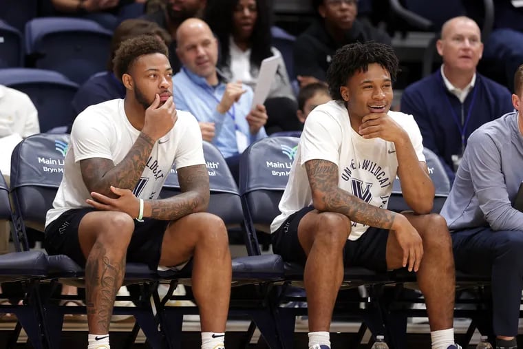 Injured Wildcats Justin Moore, left, and Cam Whitmore during Villanova's Blue/White Scrimmage on Oct. 6, 2022.