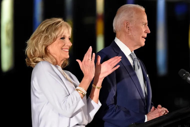 Former Vice President Joe Biden and his wife Jill Biden appear at the National Constitution Center on March 10, 2020, making a last-minute stop in Philadelphia after a primary election night rally in Cleveland was canceled due to the coronavirus.