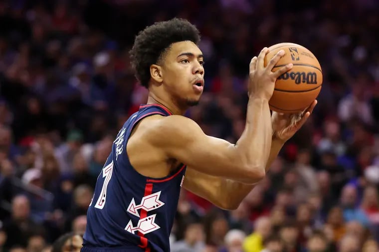 Sixers guard Jaden Springer during a game against the Cleveland Cavaliers at the Wells Fargo Center on Nov. 21.