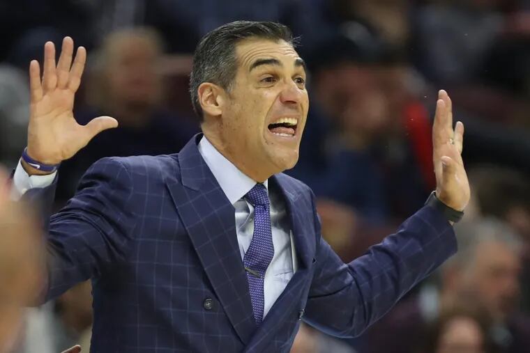 Head Coach Jay Wright of Villanova yells instructions to his team during their game against Marquette at the Wells Fargo Center on Jan 6, 2018. CHARLES FOX / Staff Photographer