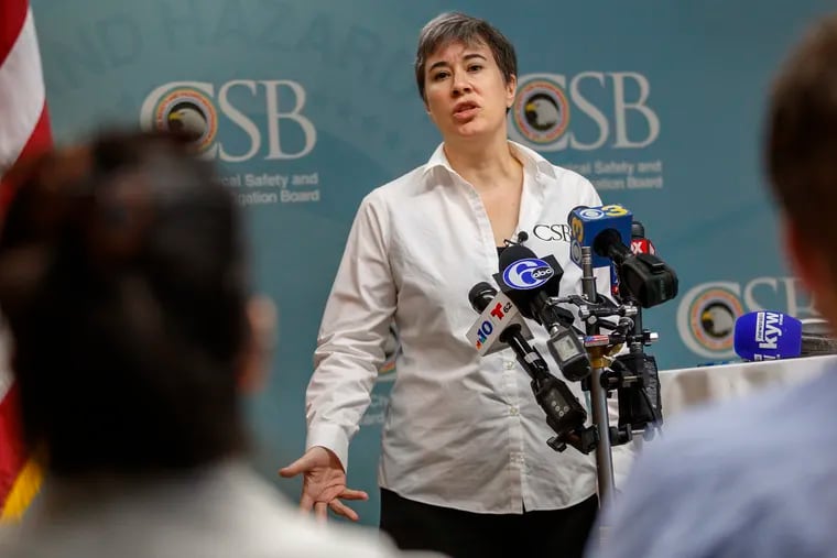 Kristen Kulinowski, interim executive for the U.S. Chemical Safety and Hazard Investigation Board, answers questions about the investigation into the Philadelphia Energy Solutions refinery fire during a news conference June 27, 2019.