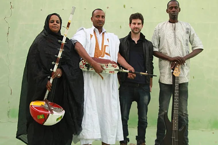 Mauritanian singer Noura Mint Seymali and her band (Jeiche Ould Chighaly, Philly native Matthew Tinari, and Ousmane Touré) played the final date in the Crossroads concert series at Calvary Center on Sunday, May 3,2015.  (Photo: Laurent Prieur)
