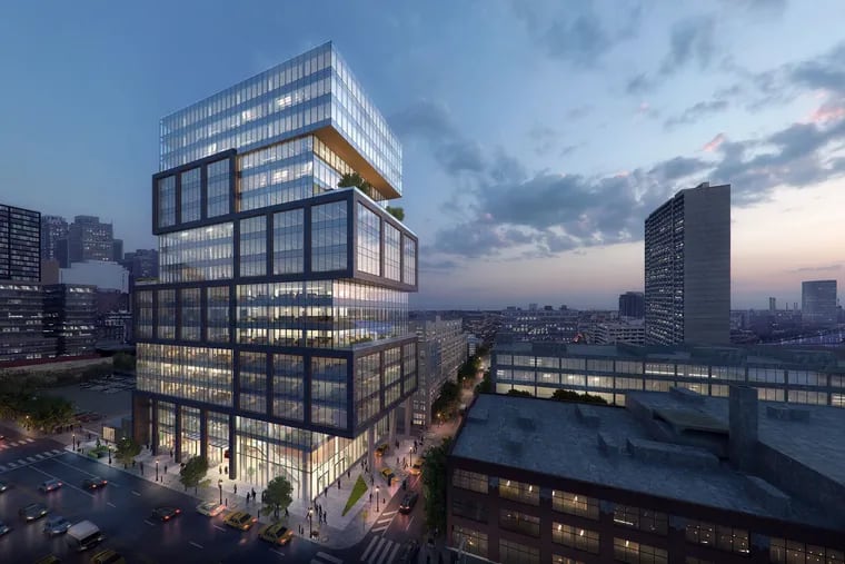Artist's rendering of office building planned by developer Parkway Corp. at 23rd and Market Streets, as seen looking southeast.