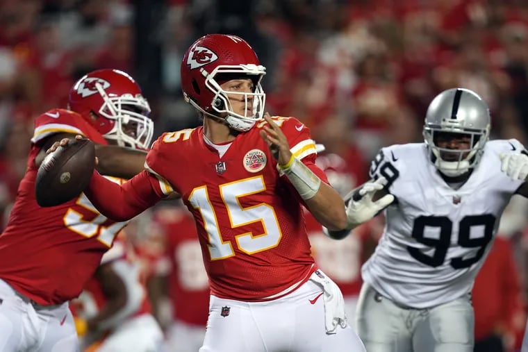 Kansas City Chiefs QB Patrick Mahomes looks to complete a pass downfield during Monday's game against the Las Vegas Raiders at Arrowhead Stadium. Mahomes and the Chiefs are home underdogs this week against the Buffalo Bills. (Photo by Jason Hanna/Getty Images)