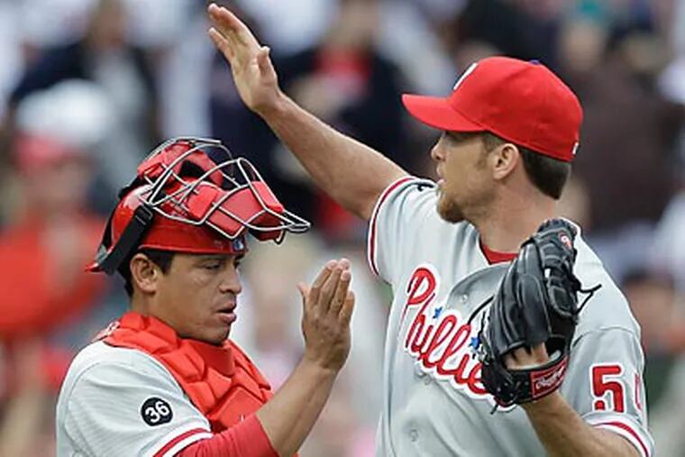 Brad Lidge earned his fourth save of the season in the Phillies' 5-3 win. (AP Photo/Charles Krupa)