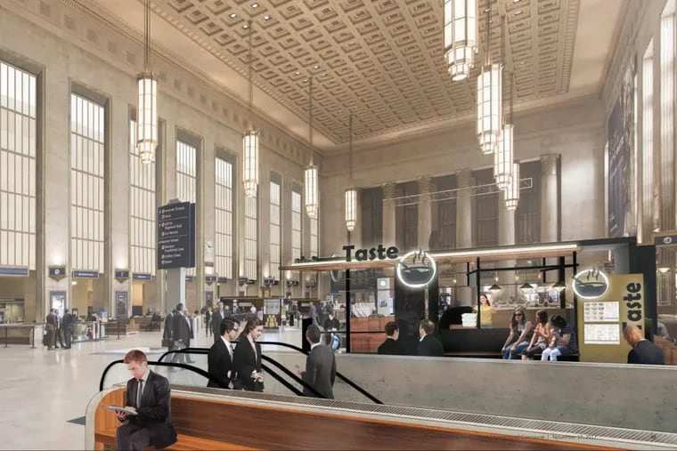 Artist's rendering of Main Concourse at Amtrak's 30th Street Station with planned retail kiosks.