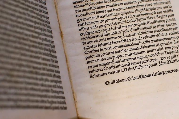 A detail of a page of an authentic 15th Century copy of a letter written by Christopher Columbus as displayed at the Vatican, Thursday, June 14, 2018. The United States is returning to the Vatican Library a letter written by Christopher Columbus in 1493 announcing his discovery of the New World that was stolen and replaced with a forgery. (Tony Gentile/Pool Photo via AP)