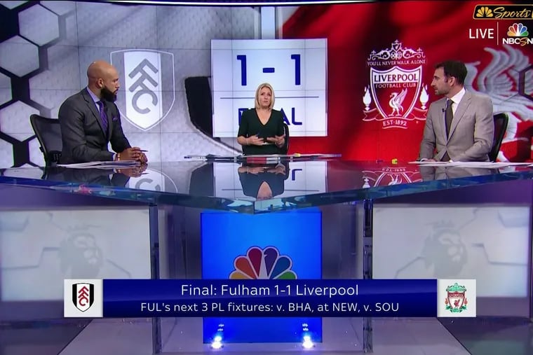 Rebecca Lowe (center) hosting an NBC Sports Premier League studio show last December with analysts Danny Higginbotham (right) and Tim Howard.