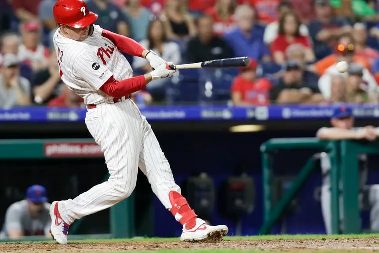 Phillies first baseman Rhys Hoskins has gone hitless in his last 21 at-bats to lower his season batting average to .230.