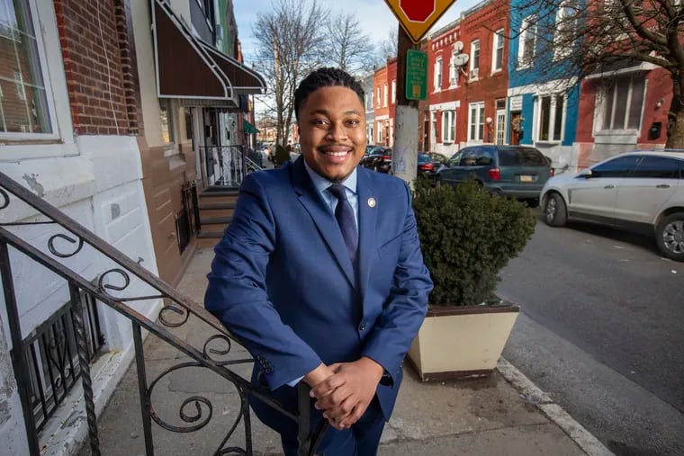 State Rep. Malcolm Kenyatta on his childhood home block of Woodstock Street in North Philadelphia. Kenyatta, who launched a Democratic campaign for U.S. Senate, would be Pennsylvania’s first Black and first openly gay senator.