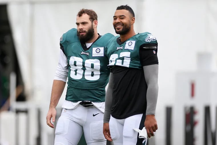 Tight ends Dallas Goedert (88) and Richard Rodgers at practice this week. Goedert's return makes it more feasible to play two-tight-end sets, which the Eagles favor.