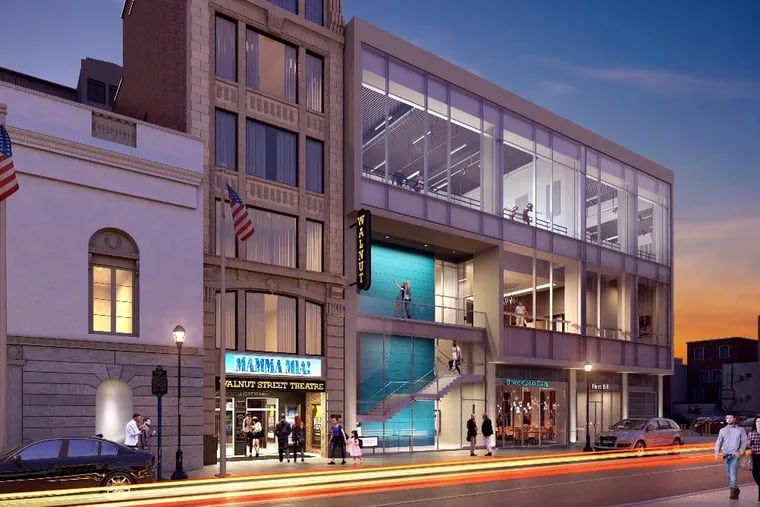 Planned Walnut Street Theatre expansion, artist's rendering, view from Walnut Street: Visible is a new grand staircase, a restaurant next to it, a second-floor balcony, and rehearsal spaces on the third floor.