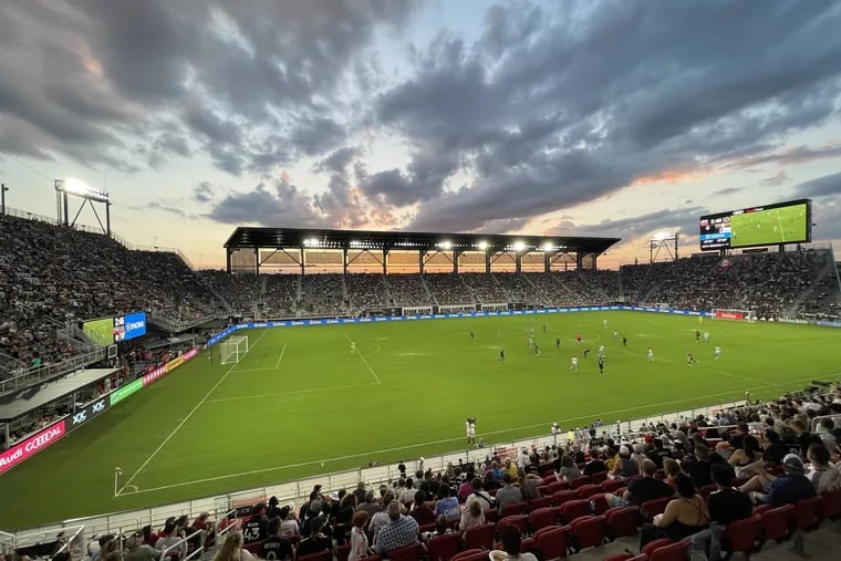 The sunset over Audi Field in Washington during the first half of the Union's win at D.C. United.