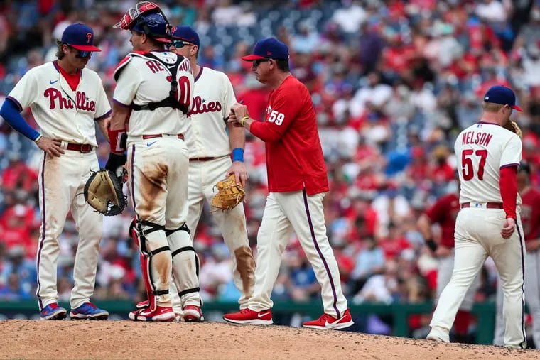 Philadelphia Phillies interim manager Rob Thomson (59) pulls relief pitcher Nick Nelson (57) during the sixth inning of the Philadelphia Phillies game against the Arizona Diamondbacks at Citizens Bank Park in Philadelphia, Pa. on Sunday, June 12, 2022.