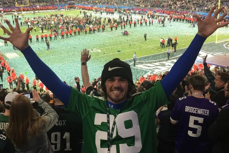 Andrew Immordino, 24, and his brother, Scott Mantz, 31, were best friends and die-hard Eagles fans. After Mantza died suddenly on New Year’s Eve, Immordino wanted nothing more than to bring his brother’s ashes to the Super Bowl as his final send-off. Here he is pictured inside the U.S. Bank Stadium on Sunday after the Eagles won the Super Bowl.
