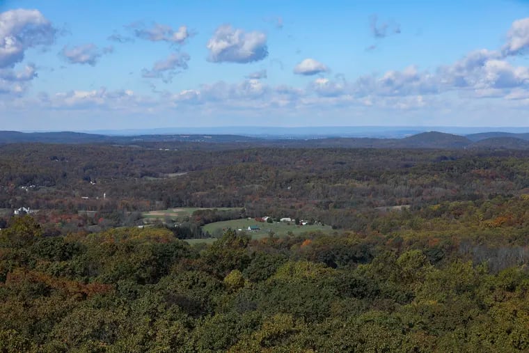 The view from the Hopewell Fire Tower at French Creek State Park in Elverson, Pennsylvania on Wednesday, October 23, 2019. According to Rick Hartlieb, assistant district forester: William Penn State Forest District, peak fall foliage depends on the weather, like how much moisture there's been and if there's been a drought. He says it is currently peak viewing time at French Creek State Park.