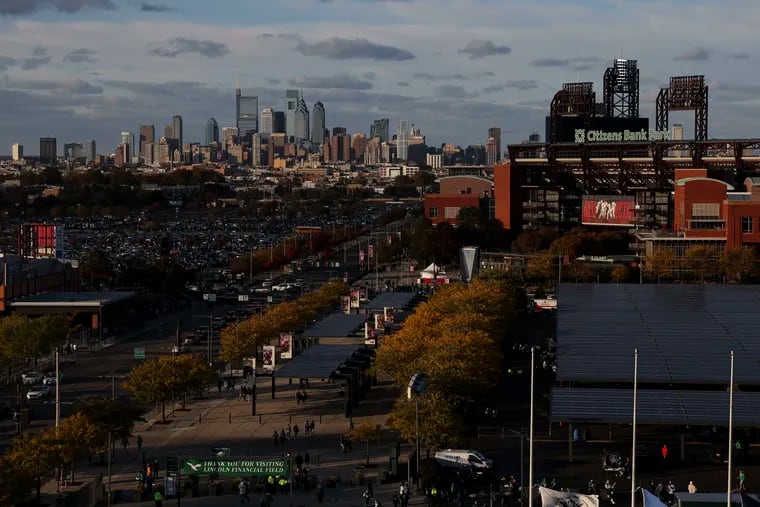 The Philadelphia skyline and Citizens Bank Park before the Philadelphia Eagles game against the Miami Dolphins at Lincoln Financial Field in Philadelphia, Pa. on Sunday, Oct. 22, 2023.