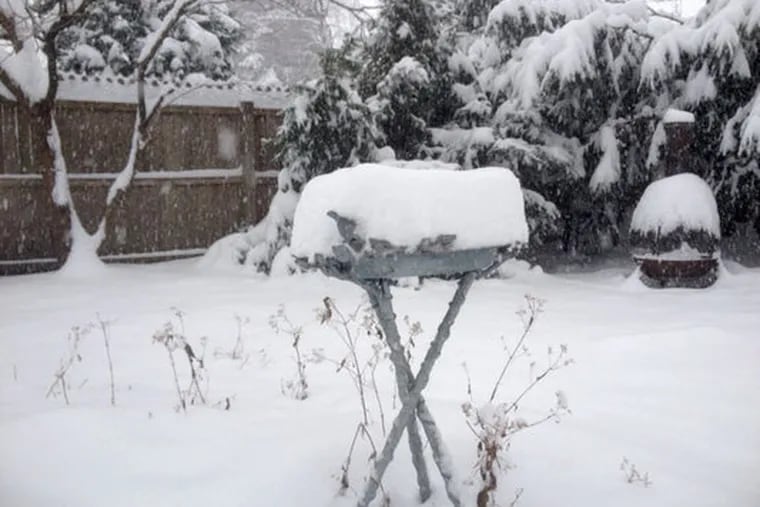 Snow piles up in a birdbath two hours after it started falling in Haddon Heights, N.J.