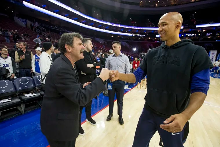 Spurs radio broadcaster Bill Schoening, left, is from Southwest Philadelphia.  He greets Sixers Assistant Coach Monty Williams before the game between the Sixers and the Spurs on Jan. 23, 2019.