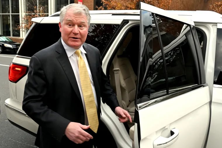 Former union boss John “Johnny Doc”  Dougherty talks to news media as he leaves the James A. Byrne United States Courthouse in Center City after his conviction in a federal corruption trial in November 2021.