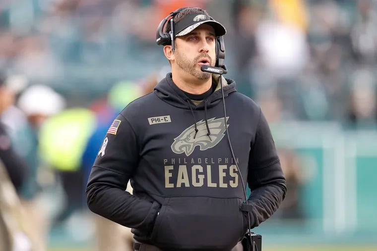 Eagles coach Nick Sirianni on the sidelines against the Los Angeles Chargers on Nov. 7, 2021 in Philadelphia.