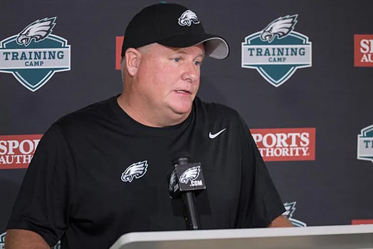 Philadelphia Eagles head coach Chip Kelly takes questions from the
media during practice at NFL football training camp, Sunday, Aug. 2,
2015, in Philadelphia. (Chris Szagola/AP)