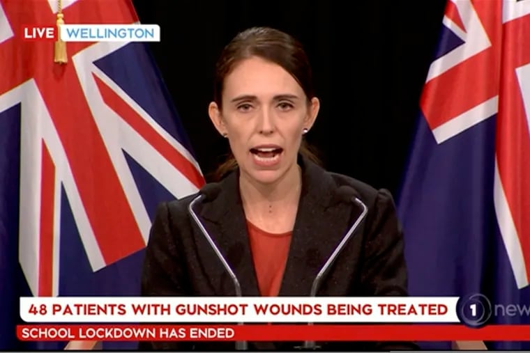 In this image made from video, Prime Minister Jacinda Ardern gives a press conference from Wellington, after the shootings at two mosques in Christchurch, New Zealand, Friday, March 15, 2019. Ardern said the values of her country would not be "shaken" by the deadly attacks that left dozens dead. (TVNZ via AP)