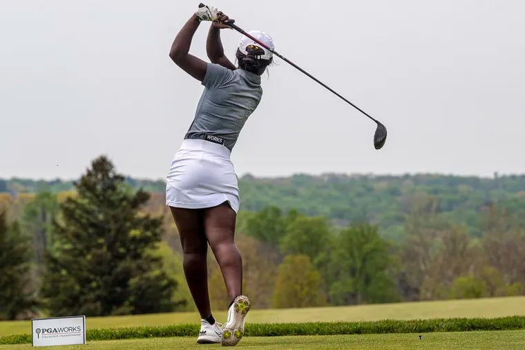 Jayla Rogers, from North Carolina A&T University, teeing off on Tuesday during an early round at the PGA WORKS Collegiate Championship in Lafayette Hill.