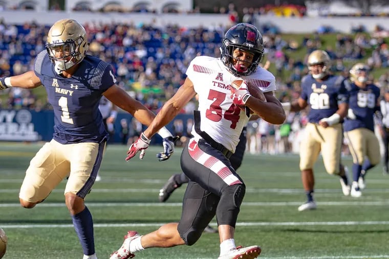 Temple's Tyliek Raynor shown scoring his first career touchdown in the Owls 24-17 win at Navy.