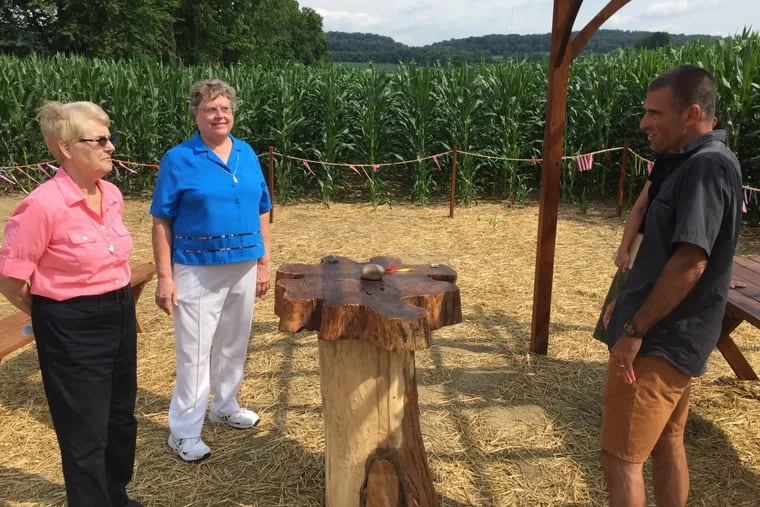 Roman Catholic Sisters Bernice Klostermann and George Ann Biscan  show the arbor put up in an effort to block the Atlantic Sunrise natural gas pipeline.  Mark Clatterbuck of the group Lancaster Against Pipelines is at right.