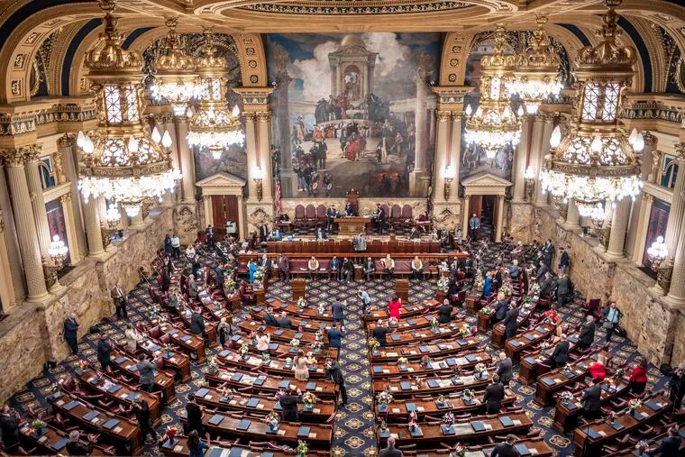One-fourth of the Pennsylvania House of Representatives are sworn in Tuesday, Jan. 5, 2021, at the state Capitol in Harrisburg. The ceremony marks the convening of the 2021-2022 legislative session of the General Assembly of Pennsylvania.