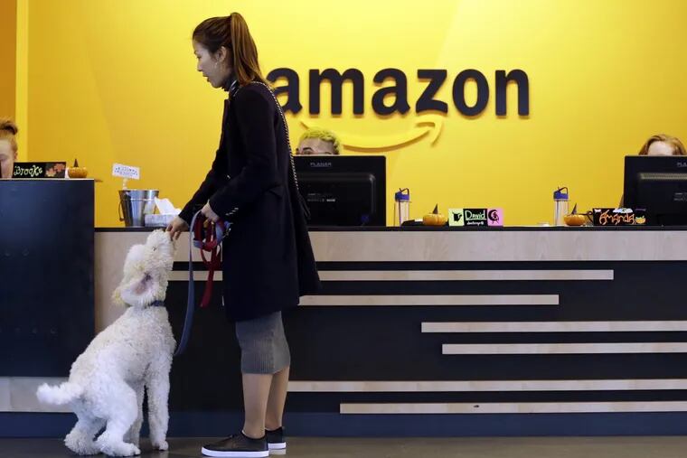 In this Wednesday, Oct. 11, 2017, file photo, an Amazon employee gives her dog a biscuit as the pair head into a company building, where dogs are welcome, in Seattle.